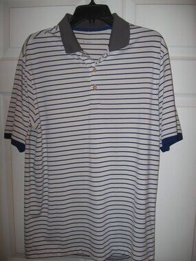 Nike Polo Shirt Men's Large Blue & White Stripes Gray Collar & Cuffs